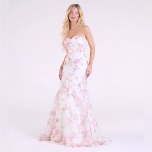 Mermaid Floral Strapless Pink and White gown Dress